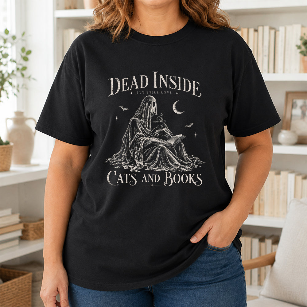 Dead Inside But Still Love Cats And Books Printed T-Shirt | Halloween Gift Black