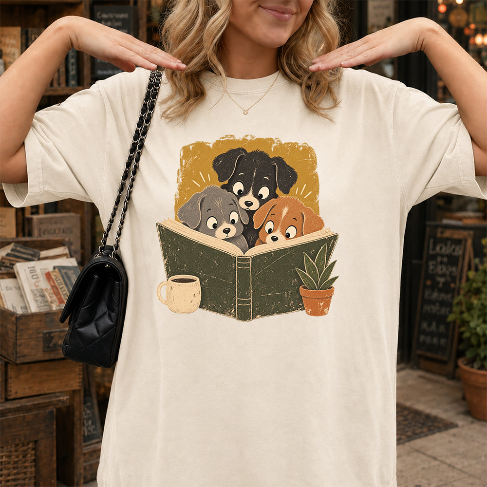 Minimal Japanese Dogs Reading Softstyle T-Shirt | Book Lover Gift Natural