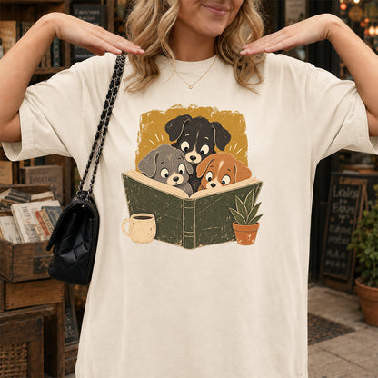 Minimal Japanese Dogs Reading Softstyle T-Shirt | Book Lover Gift Natural