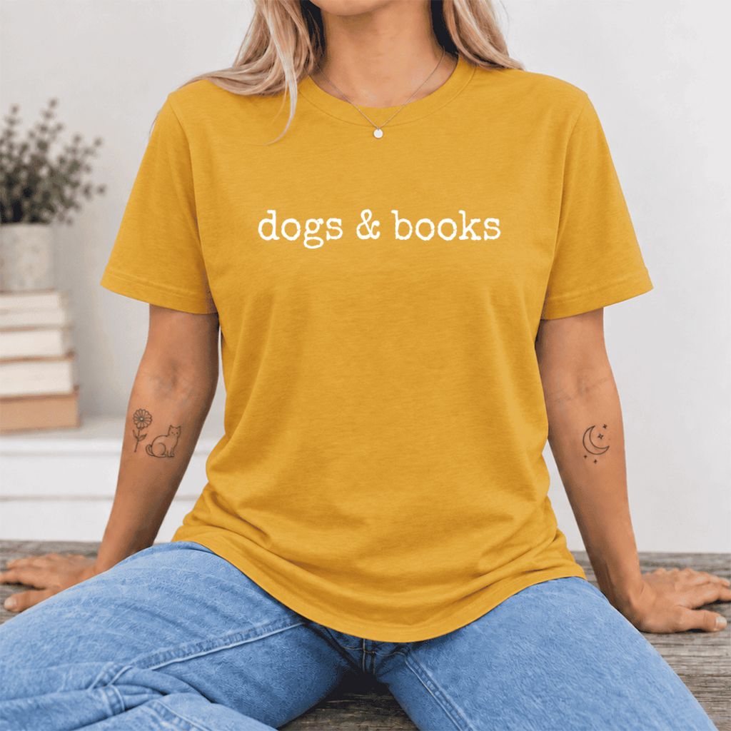 Dogs & Books Ultra-Soft Cotton T-Shirt | Dog Lover & Reader Gift Mustard