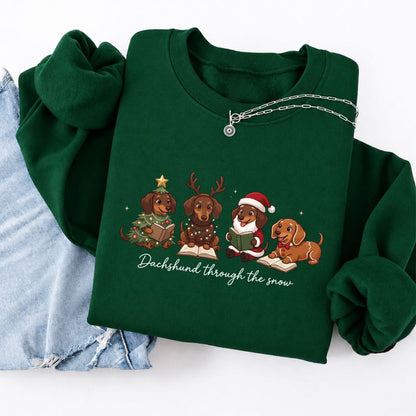 Dachshund Through The Snow Softstyle Sweatshirt | Christmas Book Lover Gift Forest Green