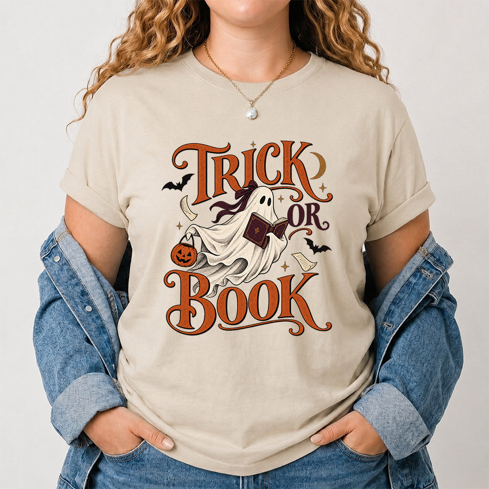 Trick Or Book Ghost Printed T-Shirt | Halloween Book Lover Gift Sand
