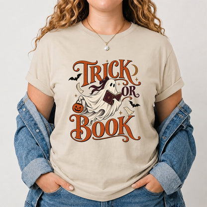 Trick Or Book Ghost Printed T-Shirt | Halloween Book Lover Gift Sand