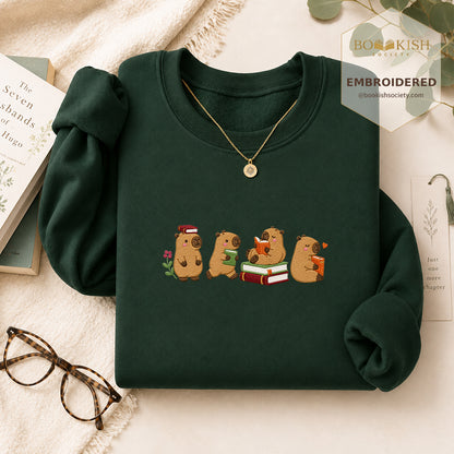 Reading Capybaras Embroidered Sweatshirt | Reader Gift Forest Green