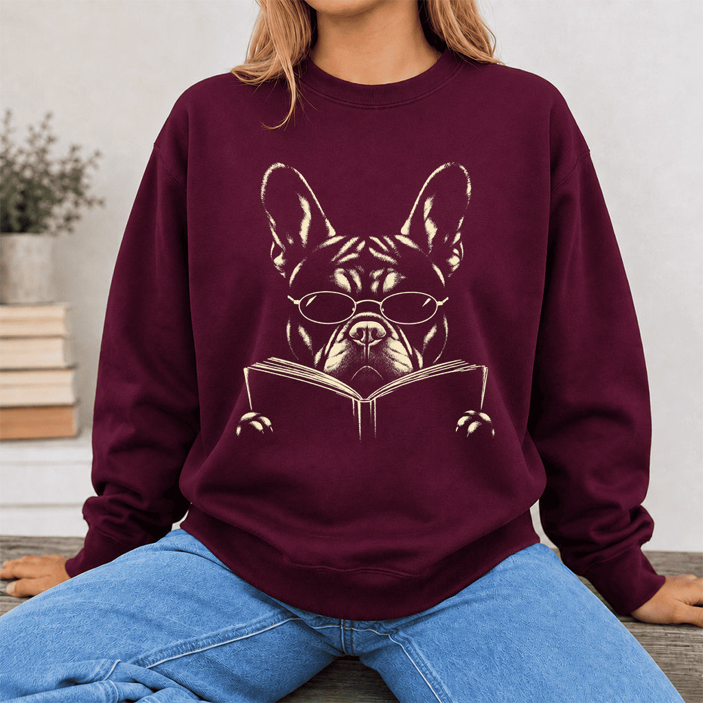 French Bulldog Reading Book Crewneck Sweatshirt | Reader Gift Maroon