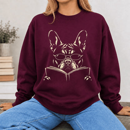 French Bulldog Reading Book Crewneck Sweatshirt | Reader Gift Maroon