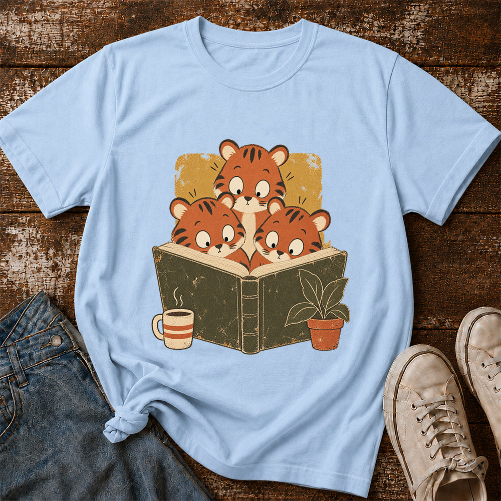 Minimal Japanese Tigers Reading Softstyle T-Shirt | Book Lover Gift Light Blue