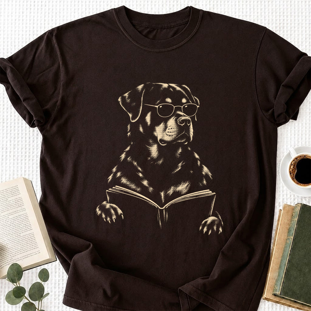 Rottweiler Reading Book Softstyle T-Shirt | Book Lover Gift Dark Chocolate