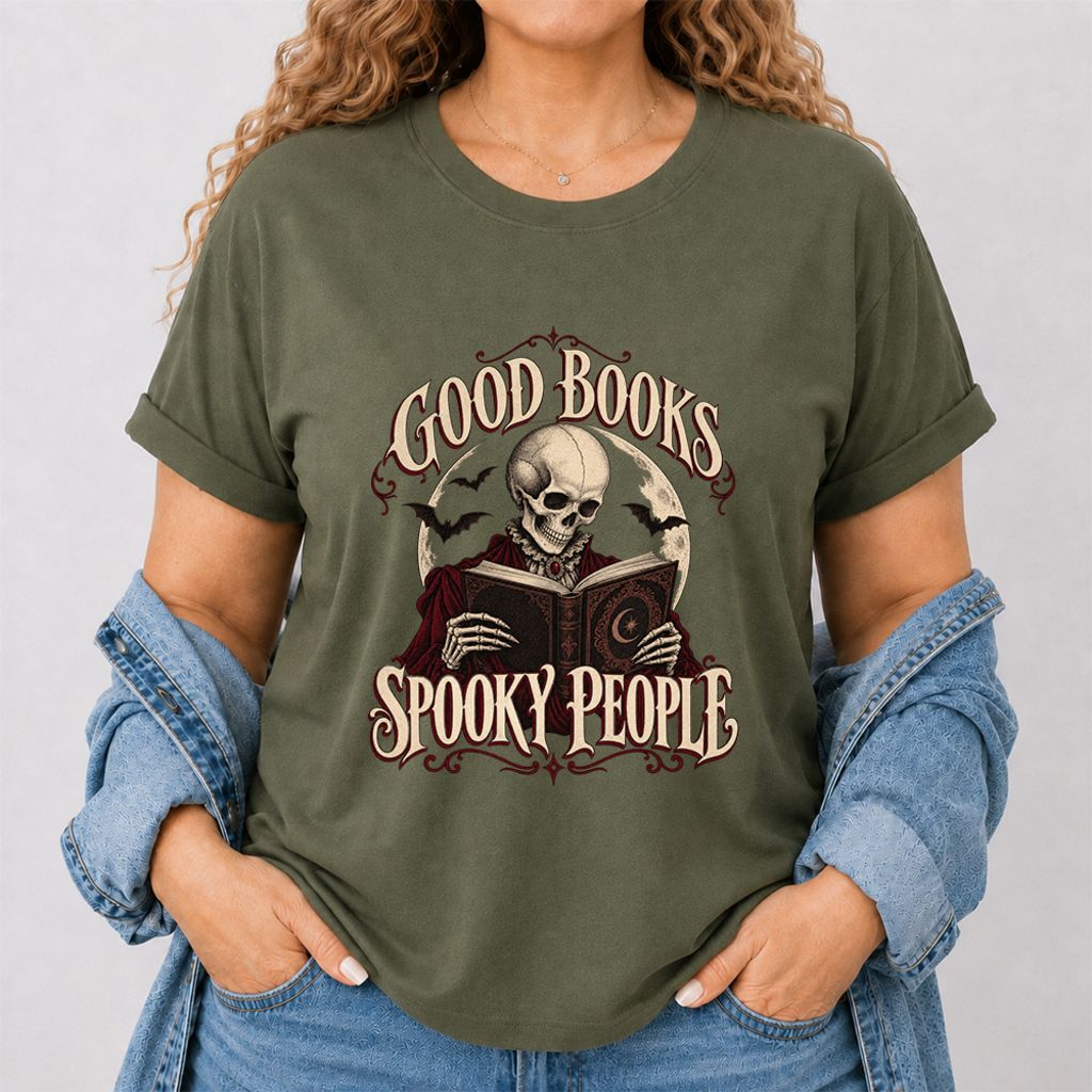 Good Books Spooky People Printed T-Shirt | Halloween Book Lover Gift Military Green