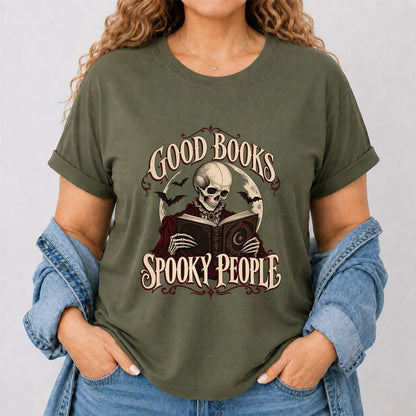 Good Books Spooky People Printed T-Shirt | Halloween Book Lover Gift Military Green