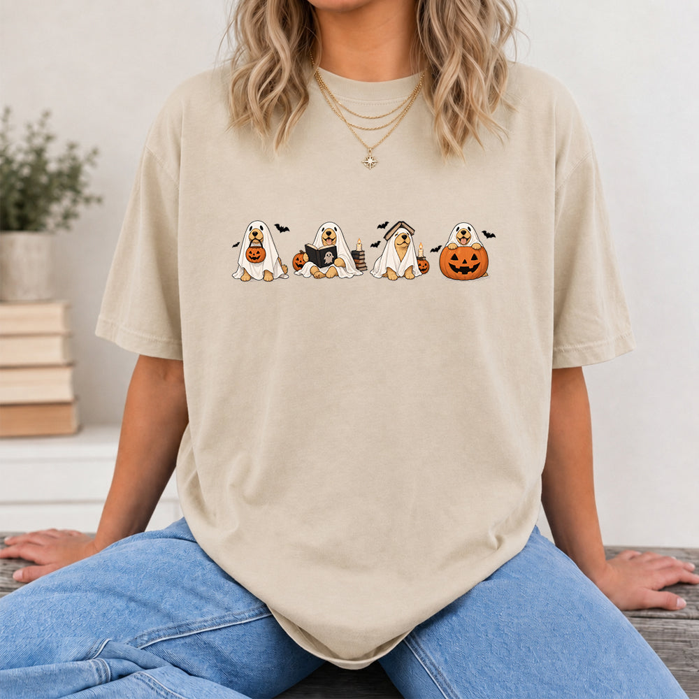 Spooky Golden Retrievers Book Club Printed T-Shirt | Halloween Book Lover Gift Sand