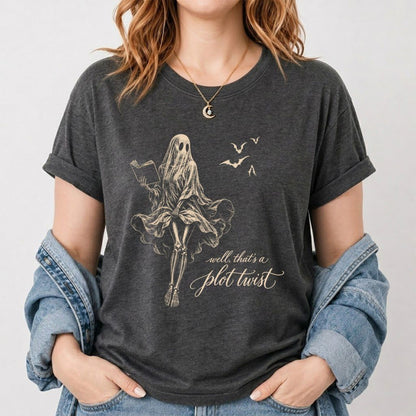 Funny Dress-Wearing Bookworm Ghost Printed T-Shirt | Halloween Book Lover Gift Dark Heather