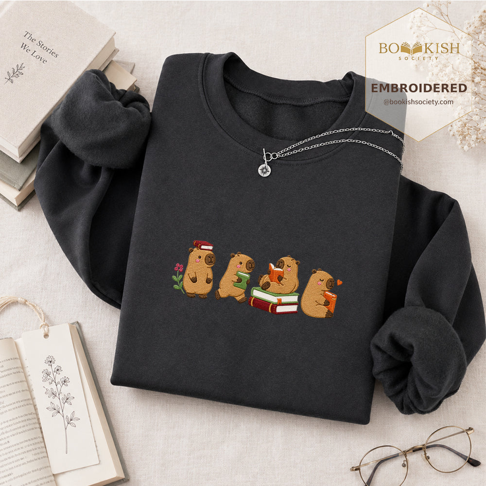 Reading Capybaras Embroidered Sweatshirt | Reader Gift Dark Heather