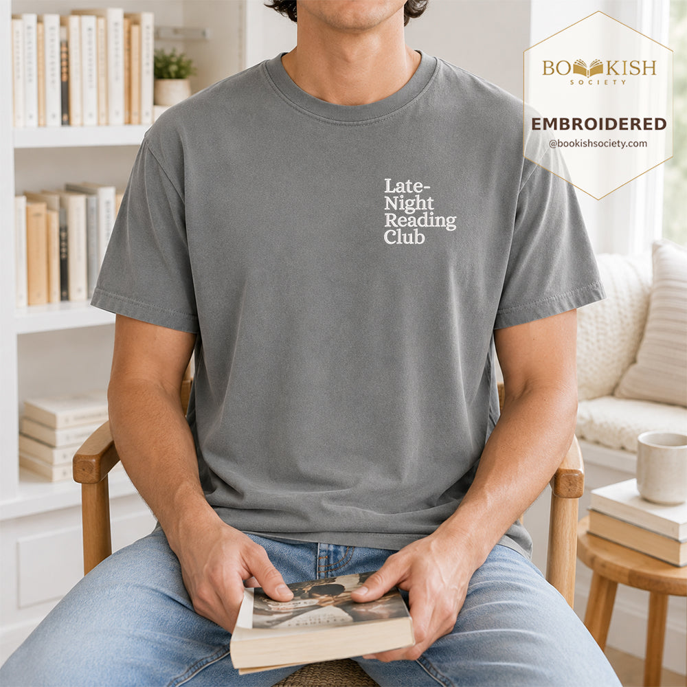 Late Night Reading Club Embroidered Comfort Color® T-shirt | Book Lover Gift Granite