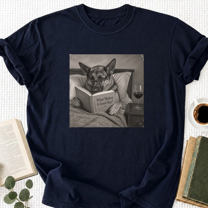 What Makes A Good Boy Printed T-Shirt | Cozy German Shepherd Mom Reader Gift Navy