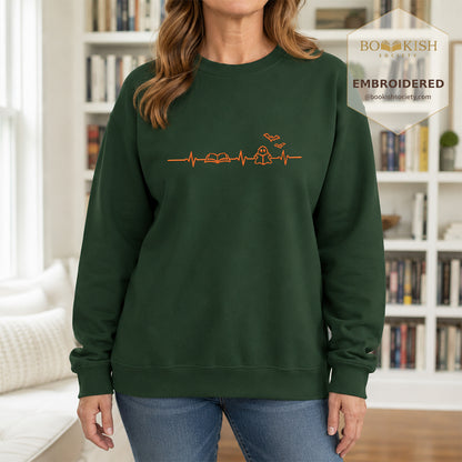 Reading Heartbeat Embroidered Sweatshirt | Spooky Halloween Book Lover Gift Forest Green