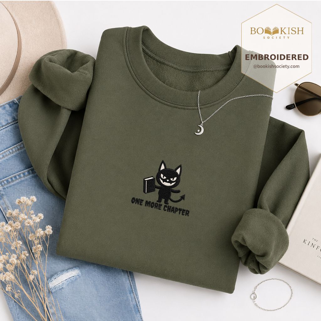 One More Chapter Devil Cat Embroidered Sweatshirt | Halloween Book Lover Gift Military Green