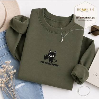 One More Chapter Devil Cat Embroidered Sweatshirt | Halloween Book Lover Gift Military Green