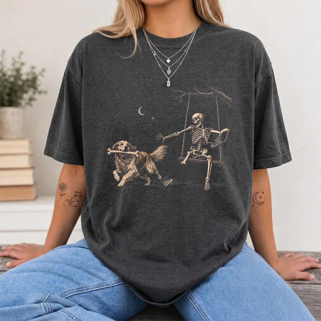 Funny Reading Book With Golden Retriever Printed T-Shirt | Halloween Reader Gift Dark Heather