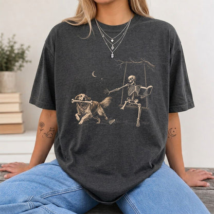 Funny Reading Book With Golden Retriever Printed T-Shirt | Halloween Reader Gift Dark Heather