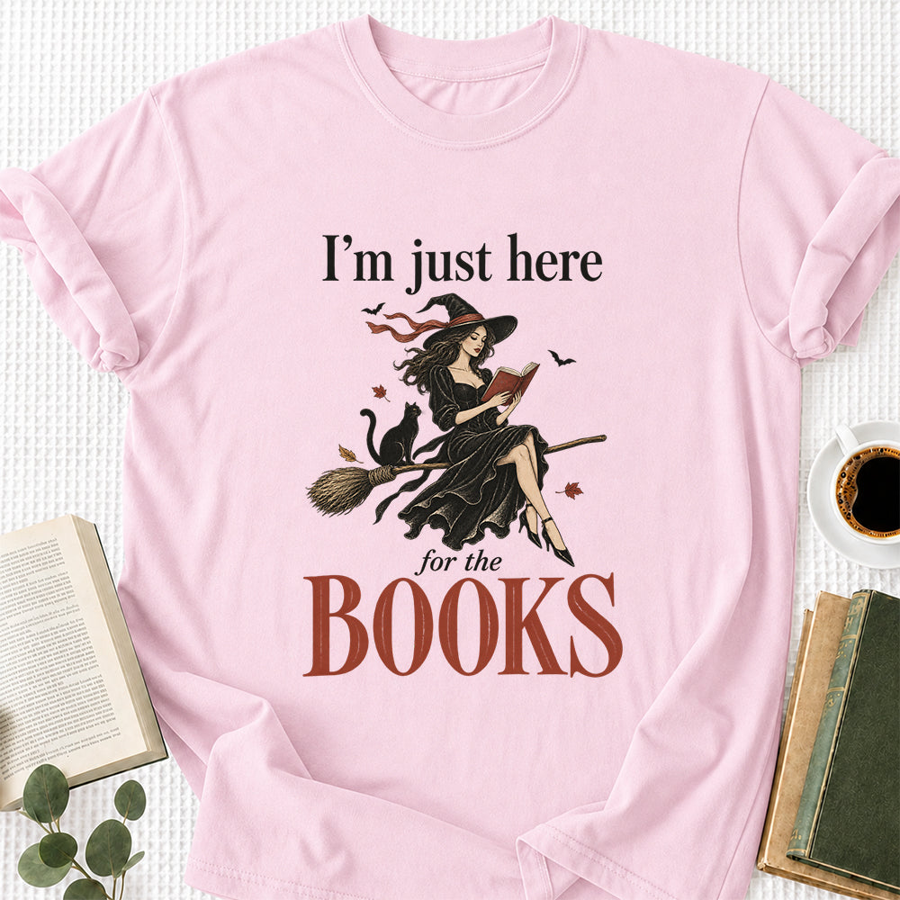 I'M Just Here For The Books Printed T-Shirt | Halloween Book Lover Gift Light Pink