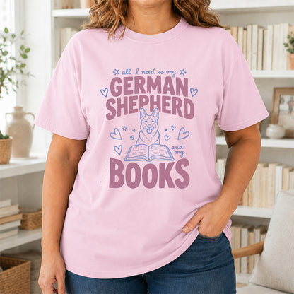 All I Need Is My German Shepherd And My Books Cotton T-Shirt | Dogs Lover & Reader Gift Light Pink