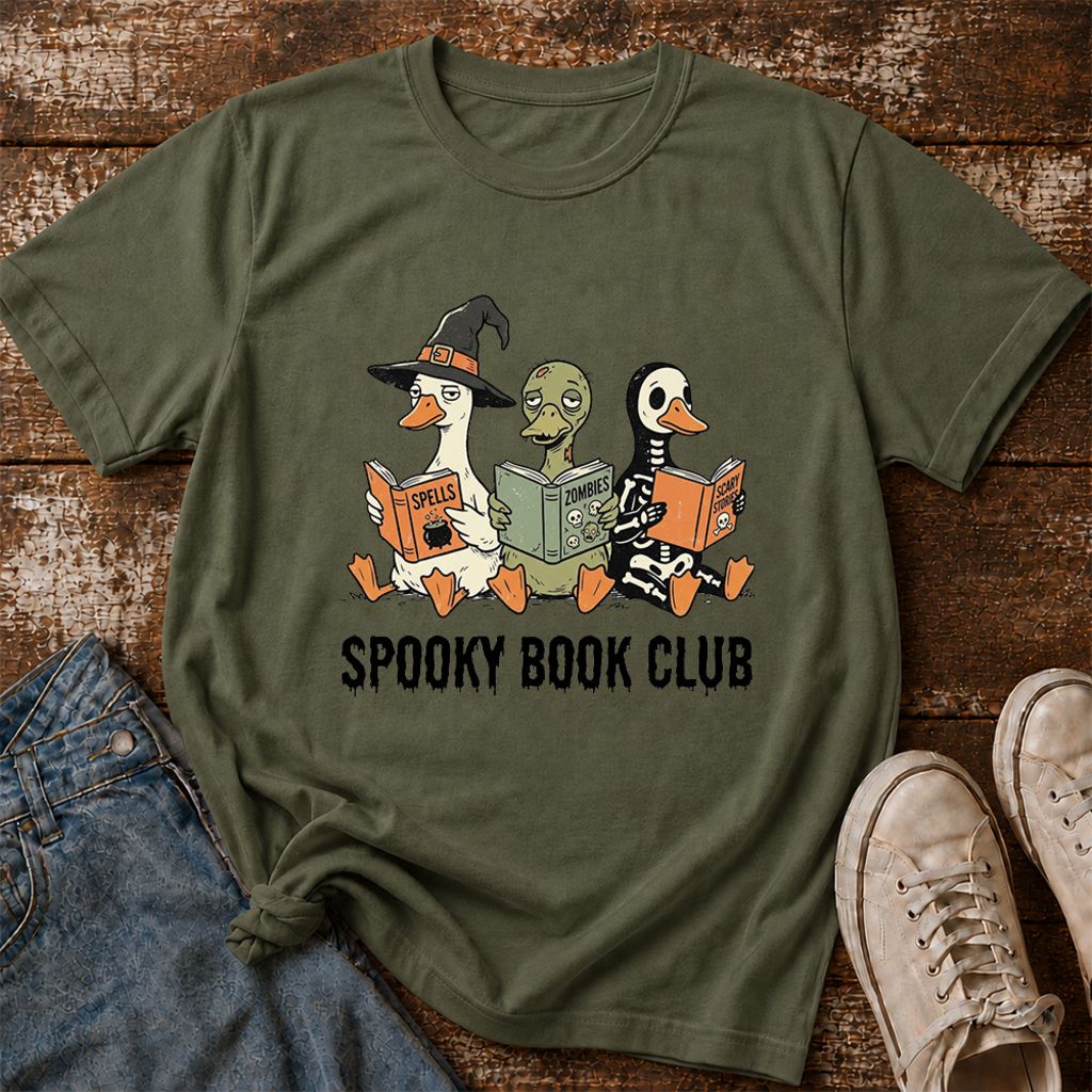 Spooky Book Club Printed T-Shirt | Halloween Book Lover Gift Military Green