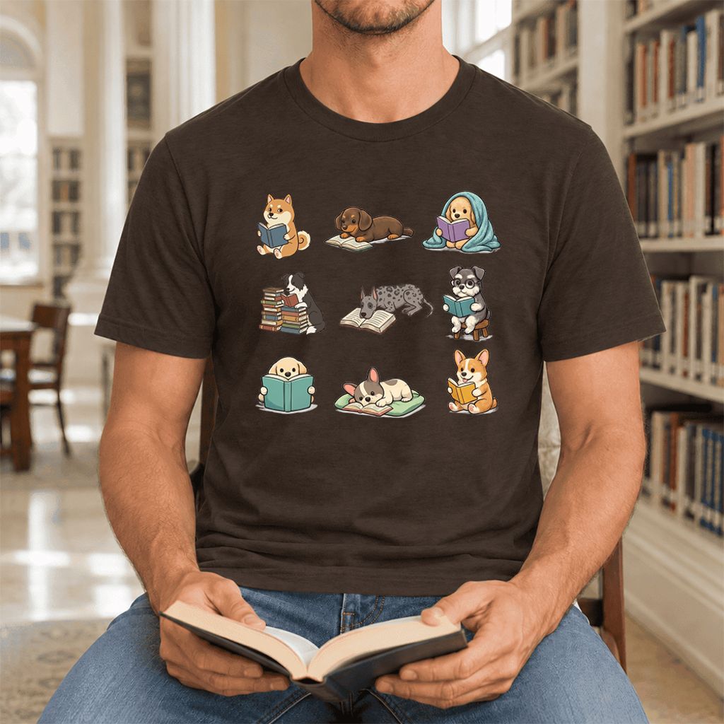 Funny Reading Dogs Ultra-Soft Cotton T-Shirt | Dog Mom Reader Gift Brown