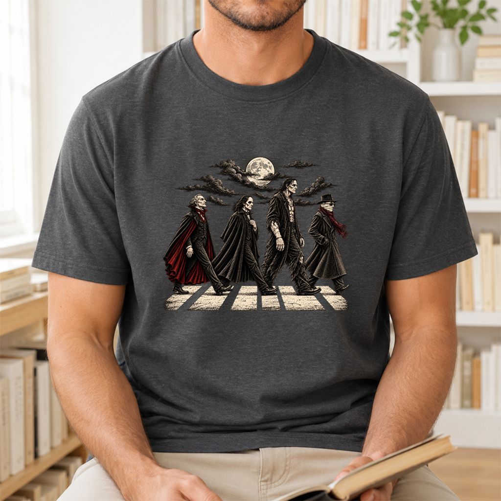 Monsters Road Printed T-Shirt | Halloween Book Lover Gift Dark Heather