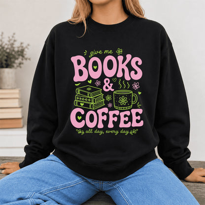 Books and Coffee Crewneck Sweatshirt | Reader Gift Black