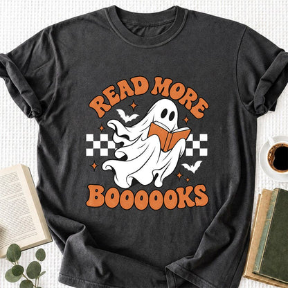 Read More Books Flying Ghost Printed T-Shirt | Halloween Book Lover Gift Dark Heather