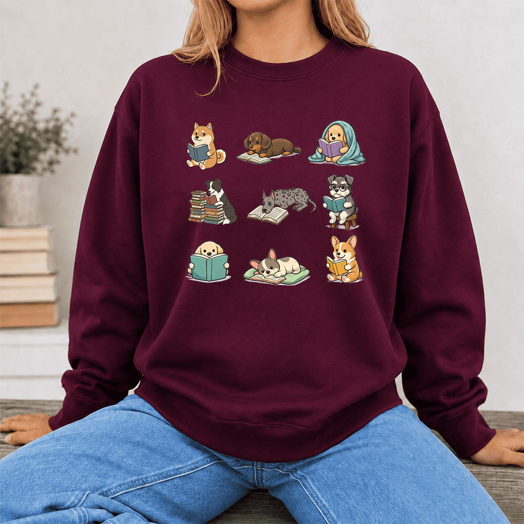 Funny Dogs Reading Crewneck Sweatshirt | Reader Gift Maroon