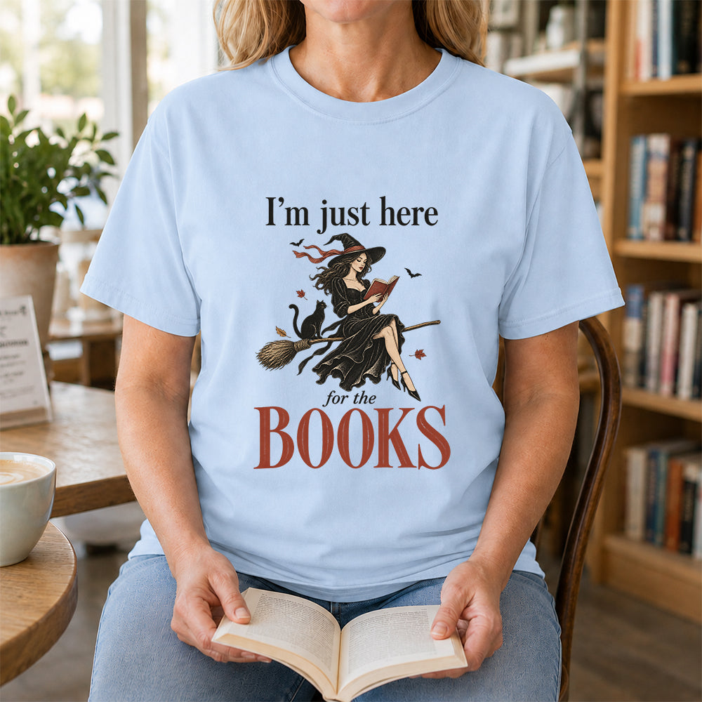 I'M Just Here For The Books Printed T-Shirt | Halloween Book Lover Gift Light Blue