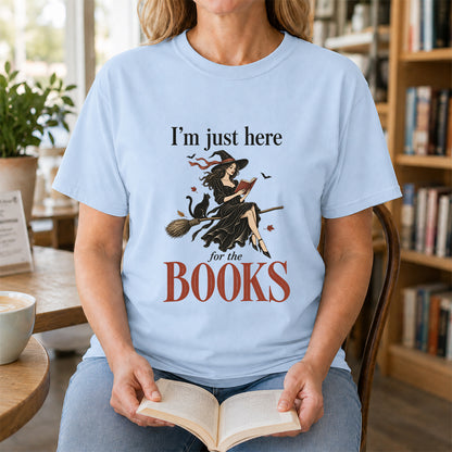 I'M Just Here For The Books Printed T-Shirt | Halloween Book Lover Gift Light Blue