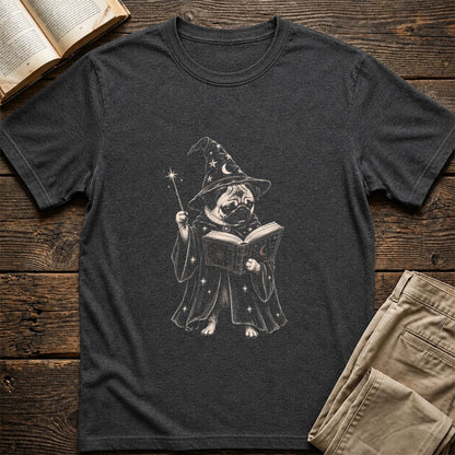 Cute Pug Witch Reading Book Printed T-Shirt | Halloween Book & Dog Lover Gift Dark Heather