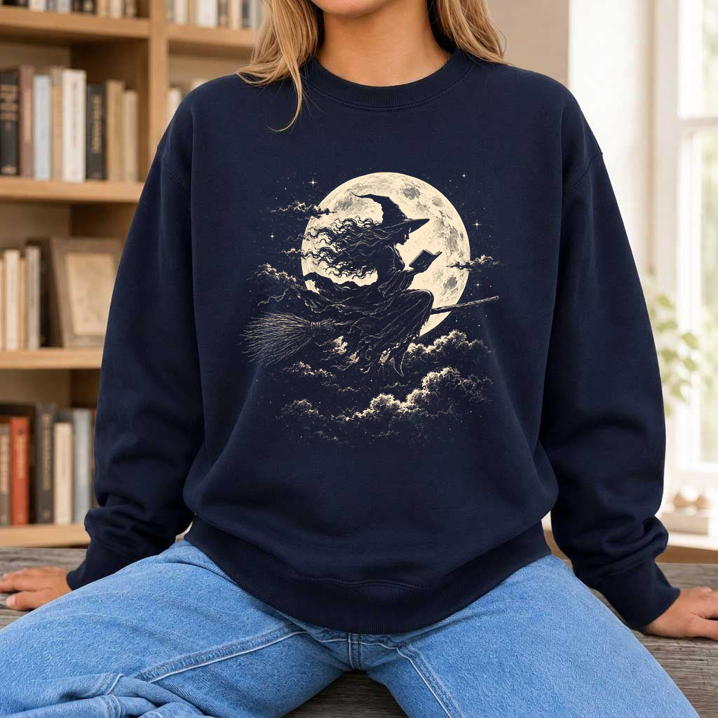 Reading Witch On The Flying Broom Printed Sweatshirt | Halloween Reader Gift Navy