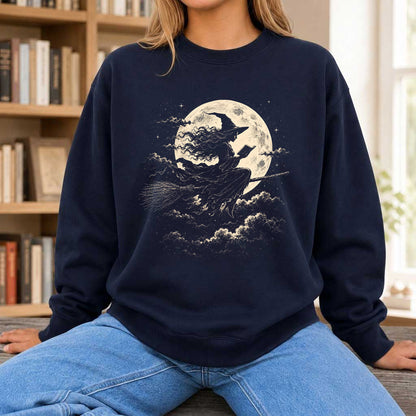 Reading Witch On The Flying Broom Printed Sweatshirt | Halloween Reader Gift Navy