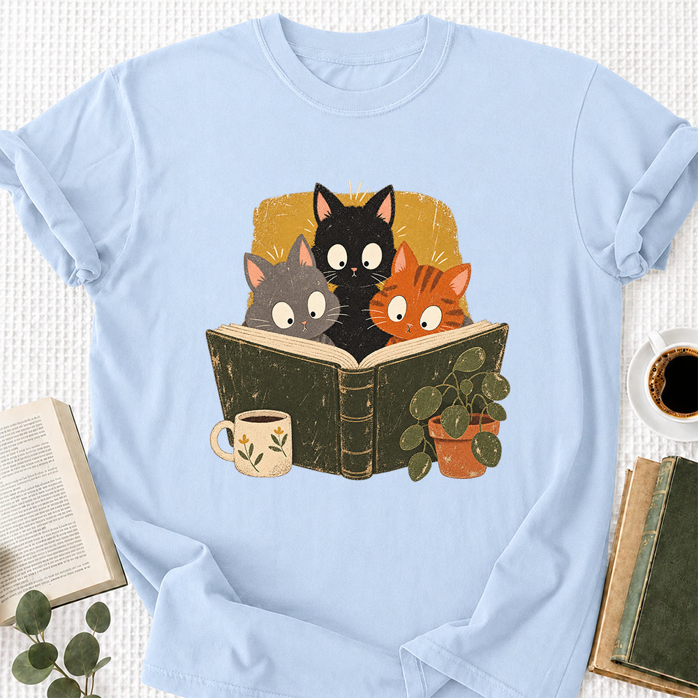 Minimal Japanese Cats Reading Softstyle T-Shirt | Book Lover Gift Light Blue