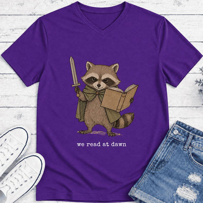 We Read At Dawn Funny Racoon Ultra-Soft V-Neck | Cozy Book Lover Gift Team Purple