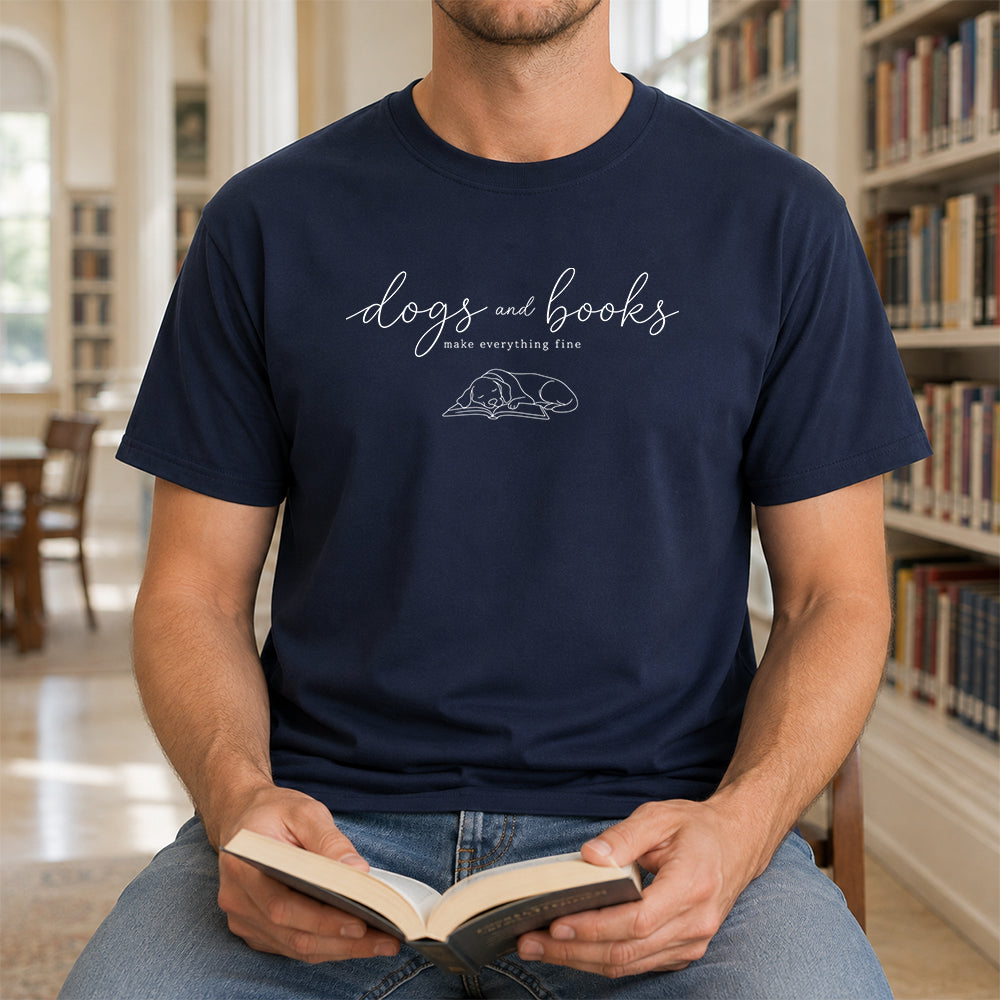 Dogs And Books - Everything Fine Cotton T-Shirt | Dog Lover & Reader Gift Navy