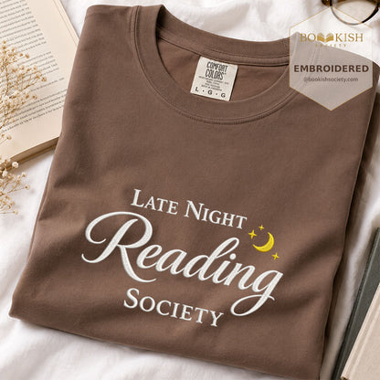 Late Night Reading Society Embroidered Comfort Color® T-shirt | Book Lover Gift Espresso