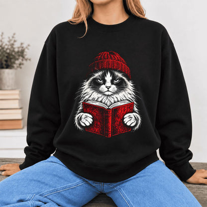 Vintage Reading Cat Ragdoll Softstyle Sweatshirt | Christmas Reader Gift Black