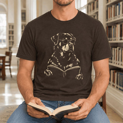 Rottweiler Reading Book Ultra-Soft Cotton T-Shirt | Dog Mom Reader Gift Brown