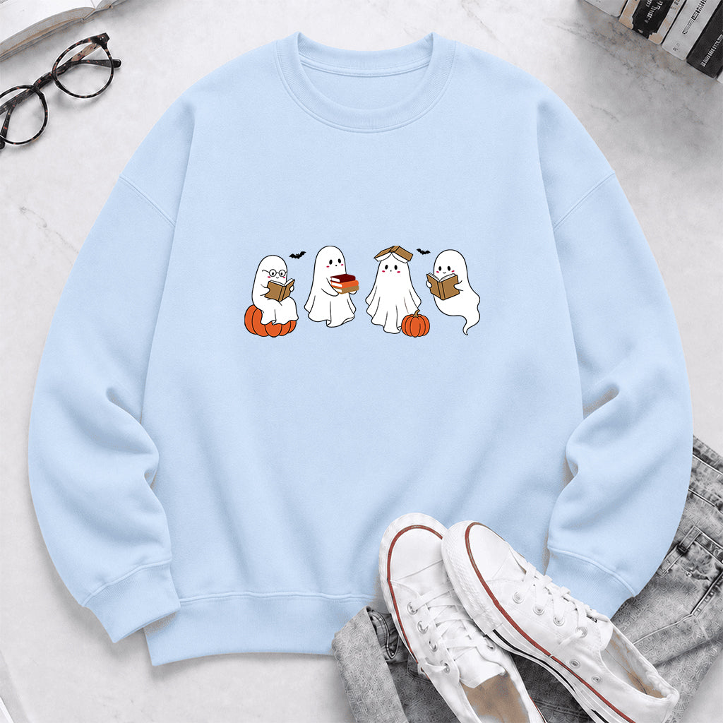 Halloween Ghosts Reading Printed Sweatshirt | Spooky Book Lover Gift Light Blue