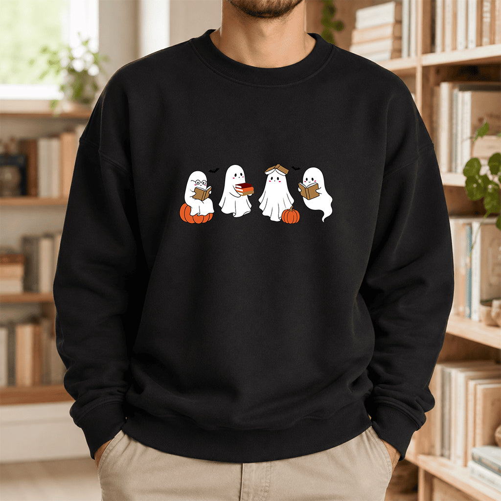 Halloween Ghosts Reading Printed Sweatshirt | Spooky Book Lover Gift Black