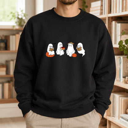 Halloween Ghosts Reading Printed Sweatshirt | Spooky Book Lover Gift Black