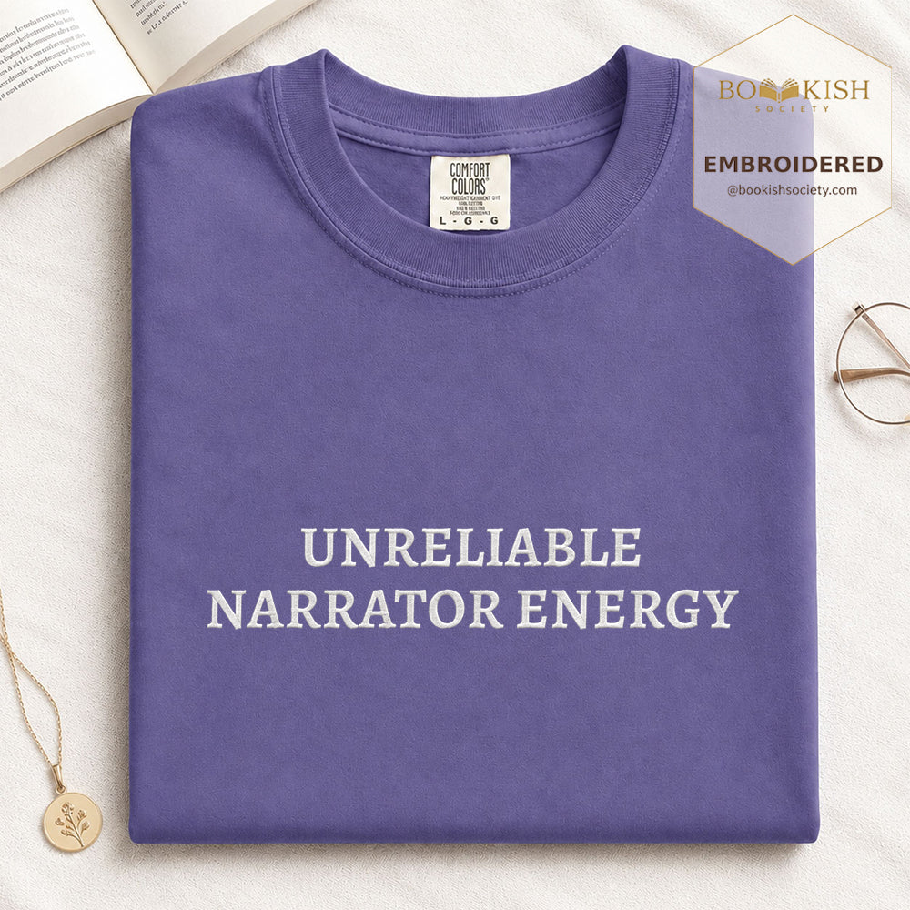 Embroidered Unreliable Narrator Energy Comfort Color® T-shirt Book Lover Gift Grape
