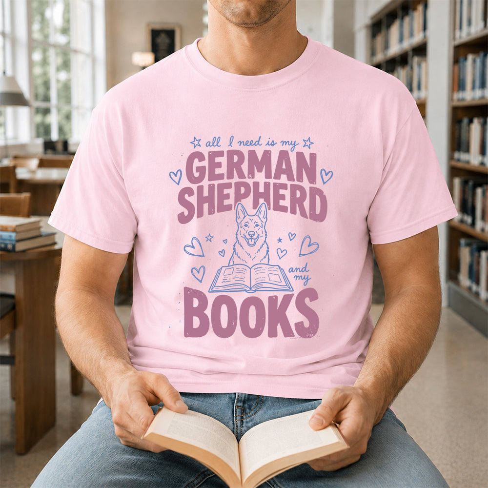 All I Need Is My German Shepherd And My Books Cotton T-Shirt | Dogs Lover & Reader Gift Light Pink