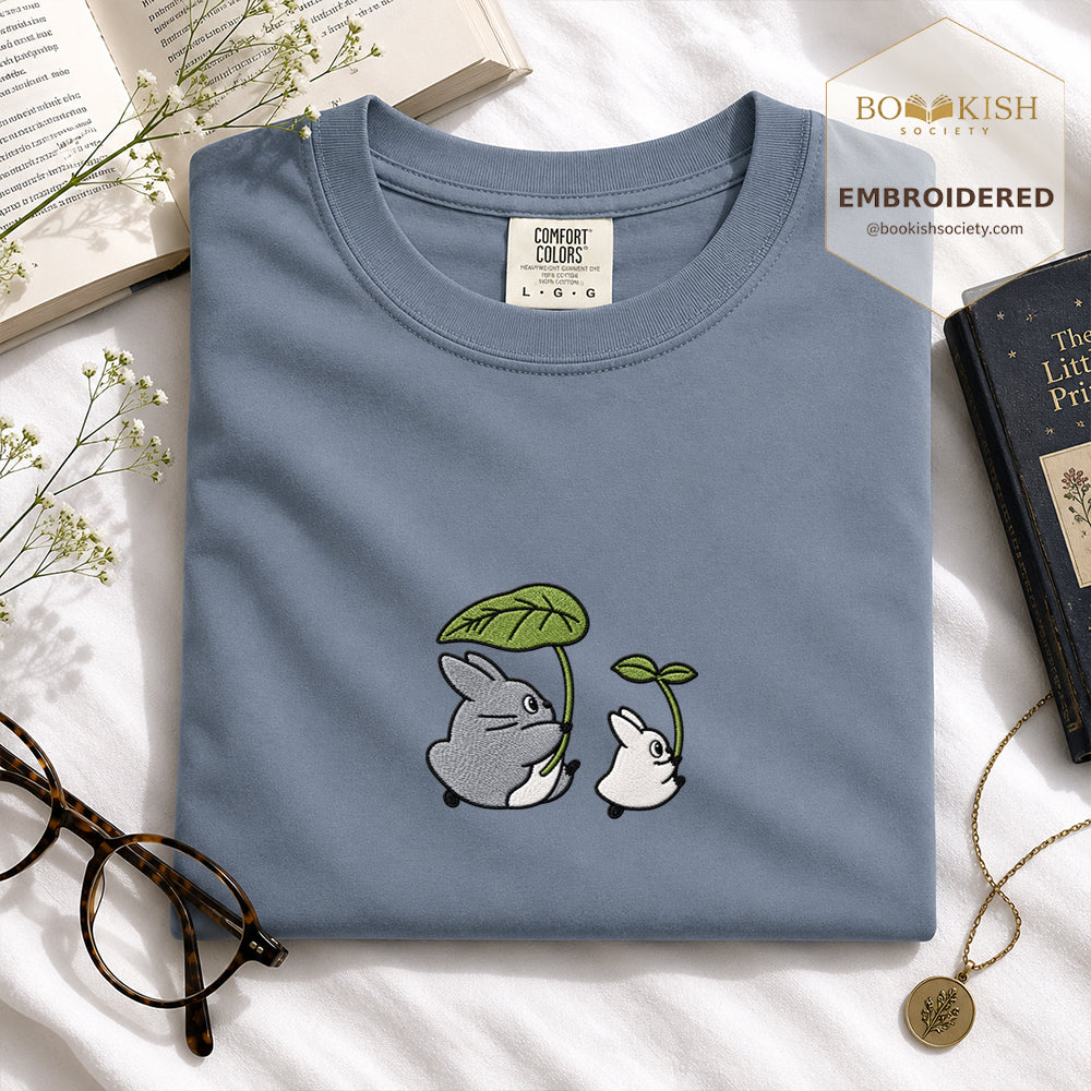 Embroidered Forest Spirits and Flowers Comfort Color® T-shirt Book Lover Gift Blue Jean