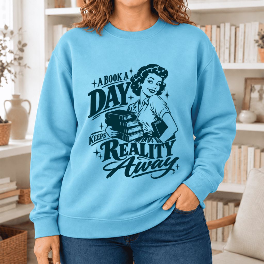 A Book A Day Keeps Reality Away Softstyle Sweatshirt | Cozy Book Lover Gift Sky